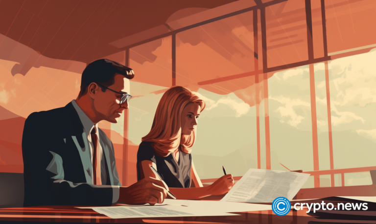 crypto news filing a lawsuit two figures sitting on the table day light sixties retro futuristic illustration v5.2 1