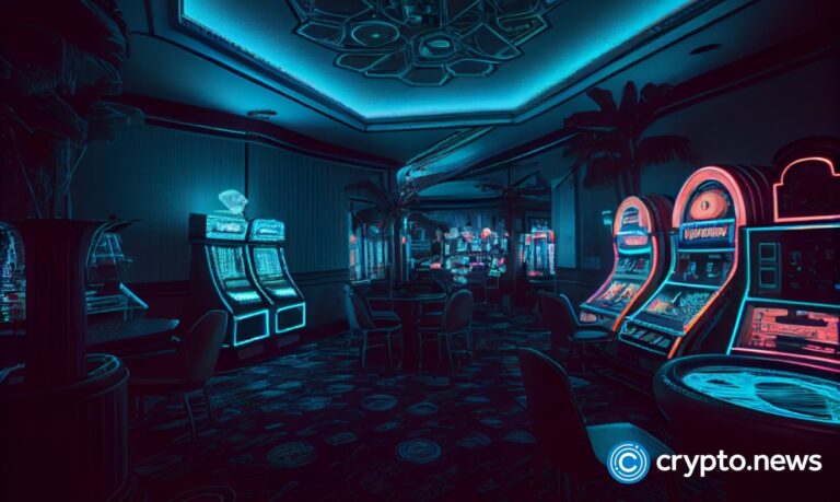 crypto news Las Vegas inside the casino dark neon color cyberpunk