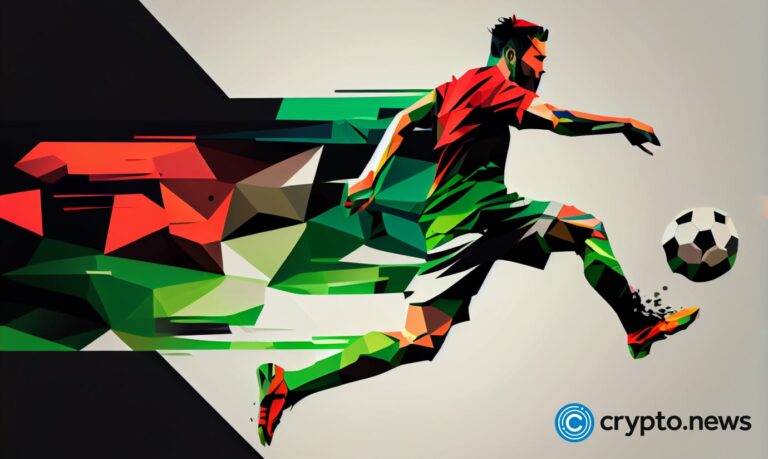 crypto news football player kick a ball blurry background green and red and black colors low poly style