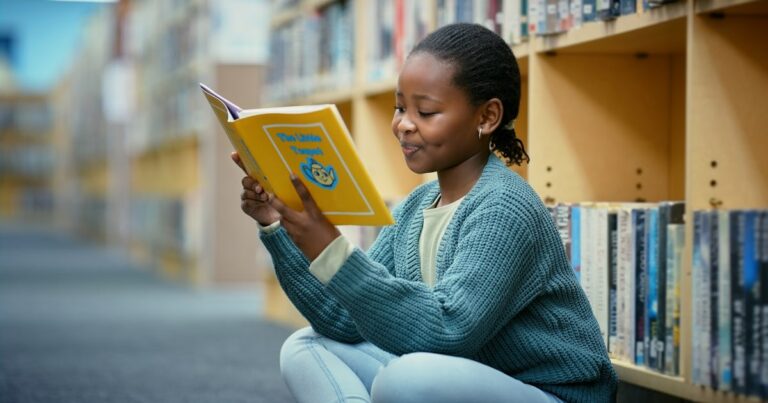 girl reading library with